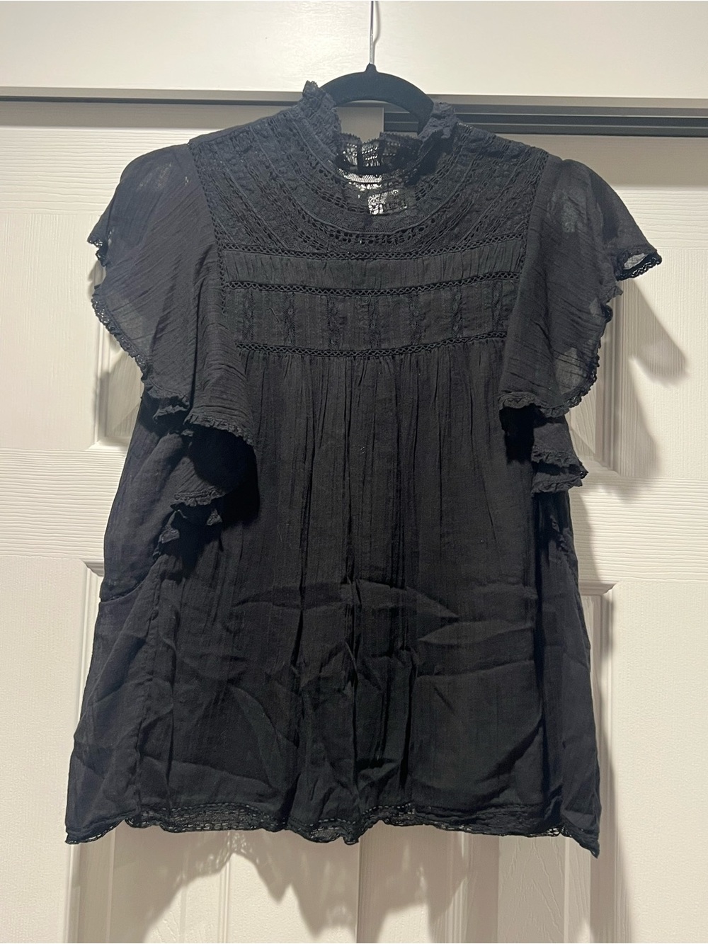 LINI Black Lace Yoke Flutter Sleeve Blouse